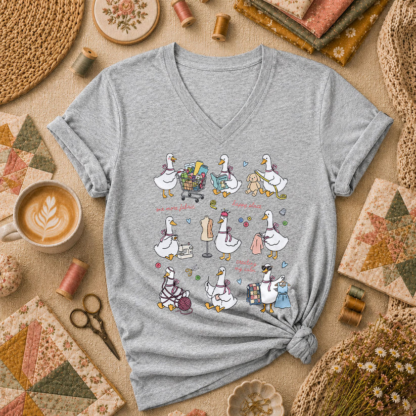 Sewing Ducks Fabric Is My Happy Place Women's V-Neck - Athletic Heather