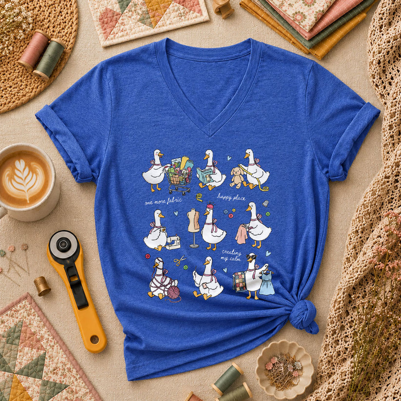 Sewing Ducks Fabric Is My Happy Place Women's V-Neck - Heather True Royal