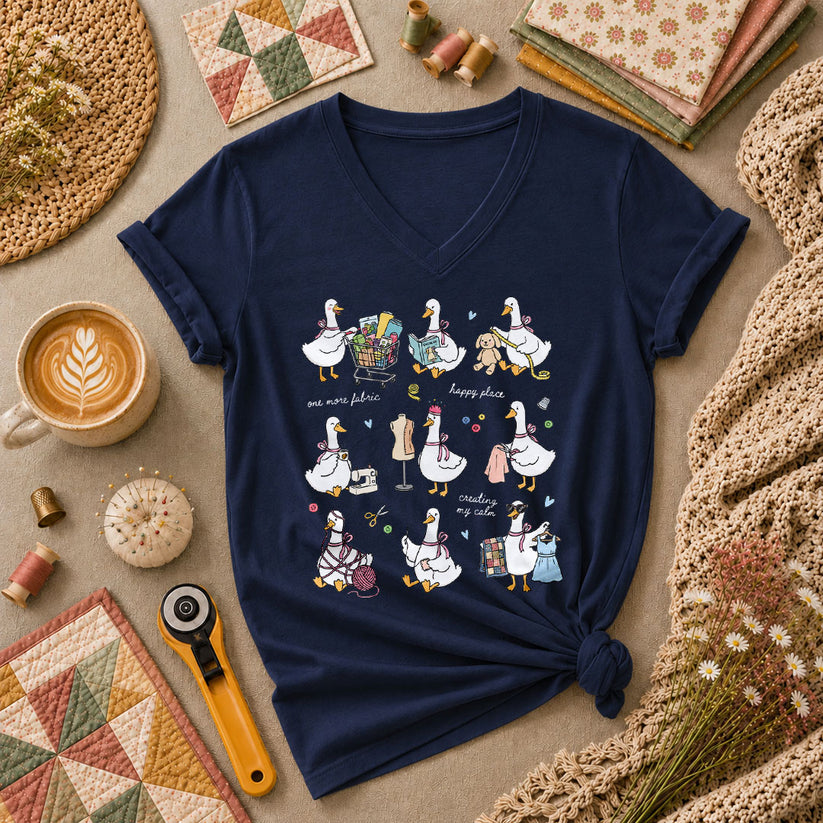 Sewing Ducks Fabric Is My Happy Place Women's V-Neck - Navy