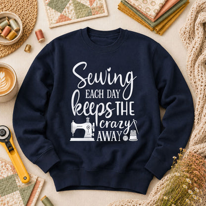 Sewing Each Day Keeps The Crazy Away Long Sleeve - Navy