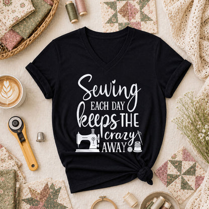 Sewing Each Day Keeps The Crazy Away Women's V-Neck - Black