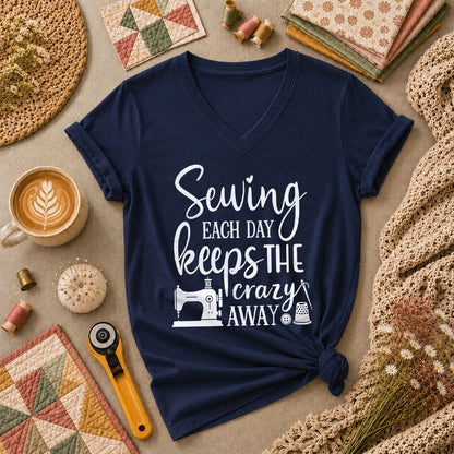 Sewing Each Day Keeps The Crazy Away Women's V-Neck - Navy