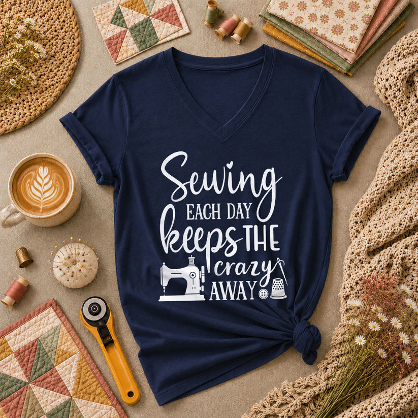 Sewing Each Day Keeps The Crazy Away Women's V-Neck - Navy