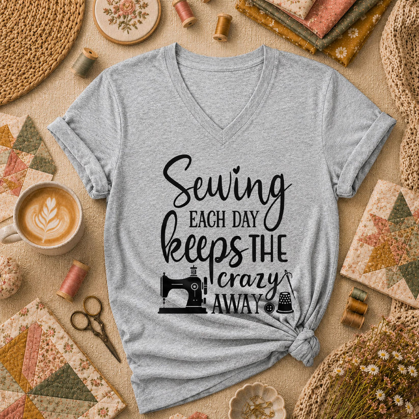 Sewing Each Day Keeps The Crazy Away Women's V-Neck - Sport Grey