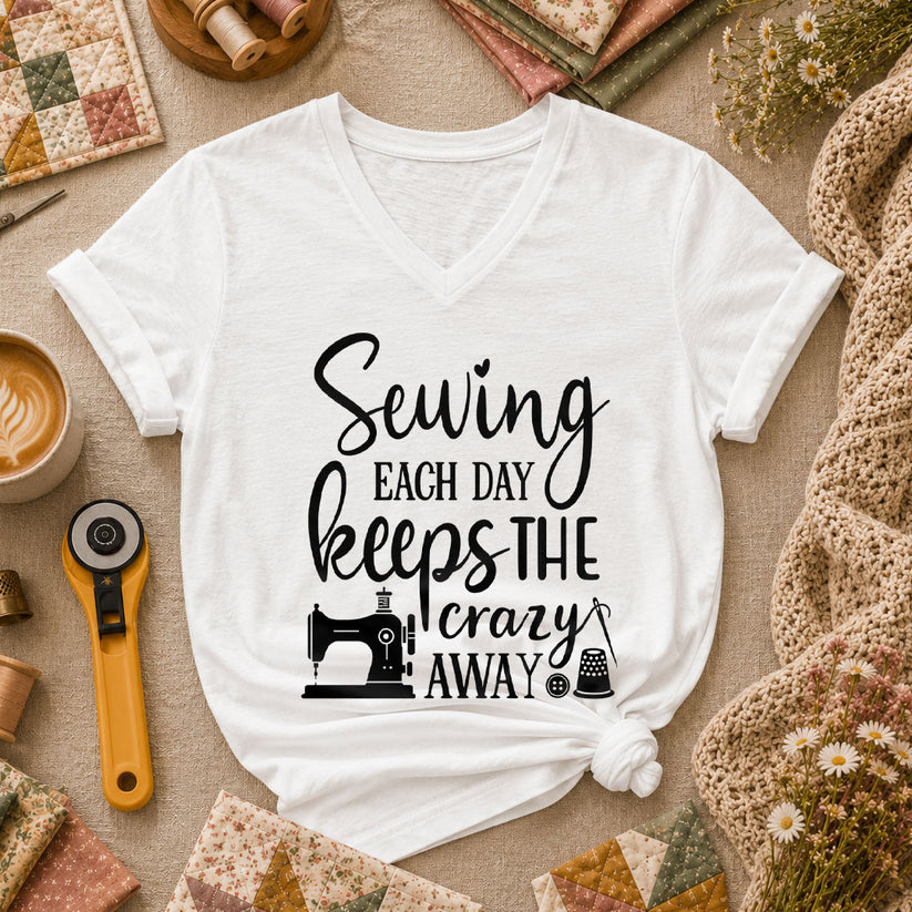 Sewing Each Day Keeps The Crazy Away Women's V-Neck - White
