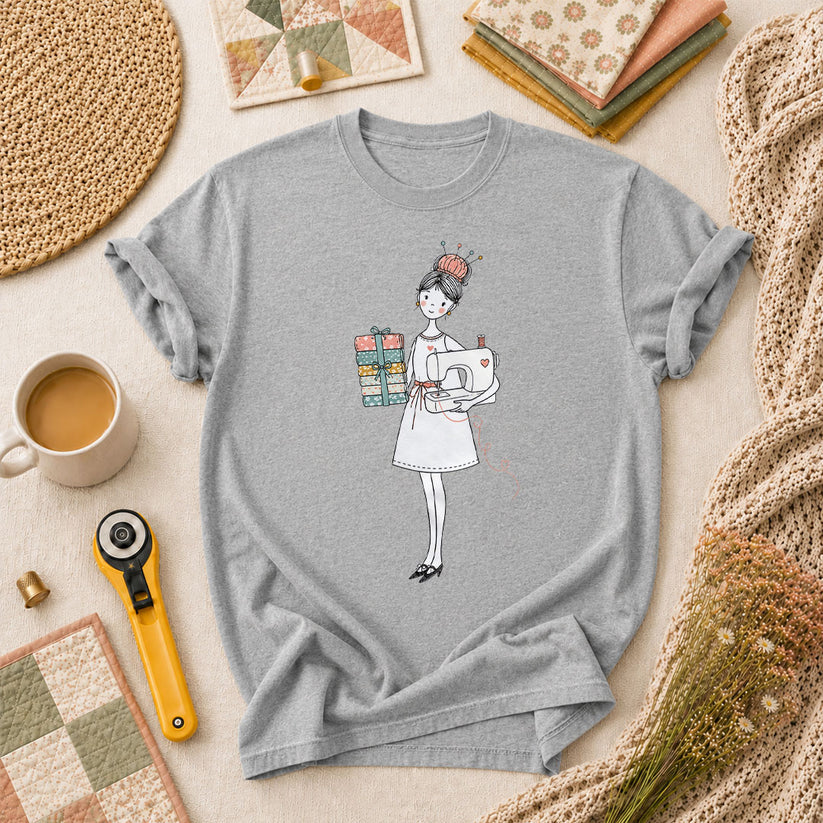 Sewing Girl With Fabric Stack Illustration T-Shirt - Athletic Heather