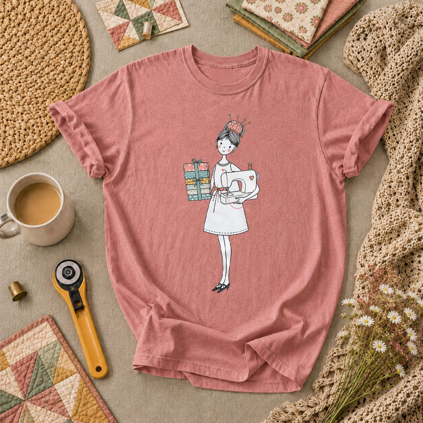 Sewing Girl With Fabric Stack Illustration T-Shirt - Heather Mauve