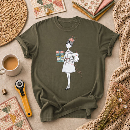 Sewing Girl With Fabric Stack Illustration T-Shirt - Military Green