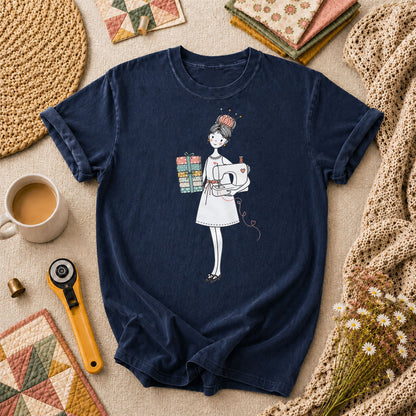 Sewing Girl With Fabric Stack Illustration T-Shirt - Navy