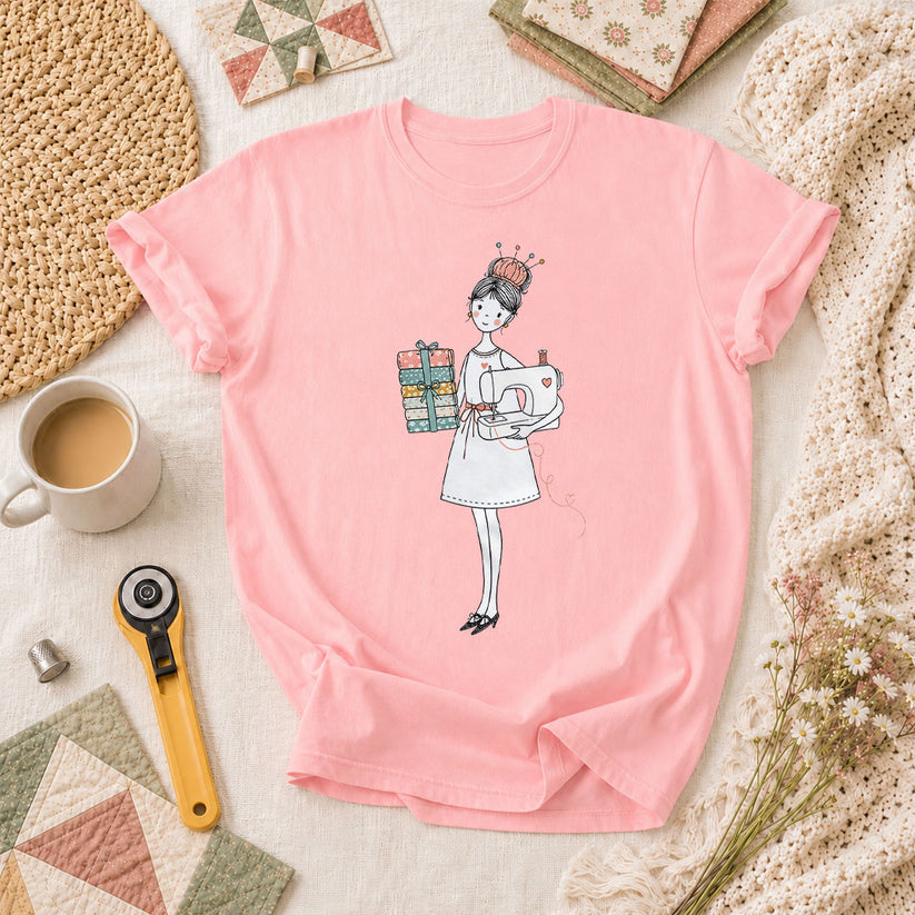 Sewing Girl With Fabric Stack Illustration T-Shirt - Pink