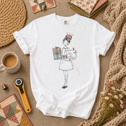 Sewing Girl With Fabric Stack Illustration T-Shirt - White