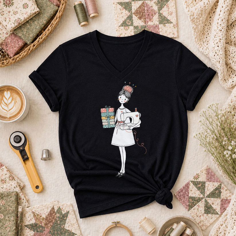 Sewing Girl With Fabric Stack Illustration Women's V-Neck - Black