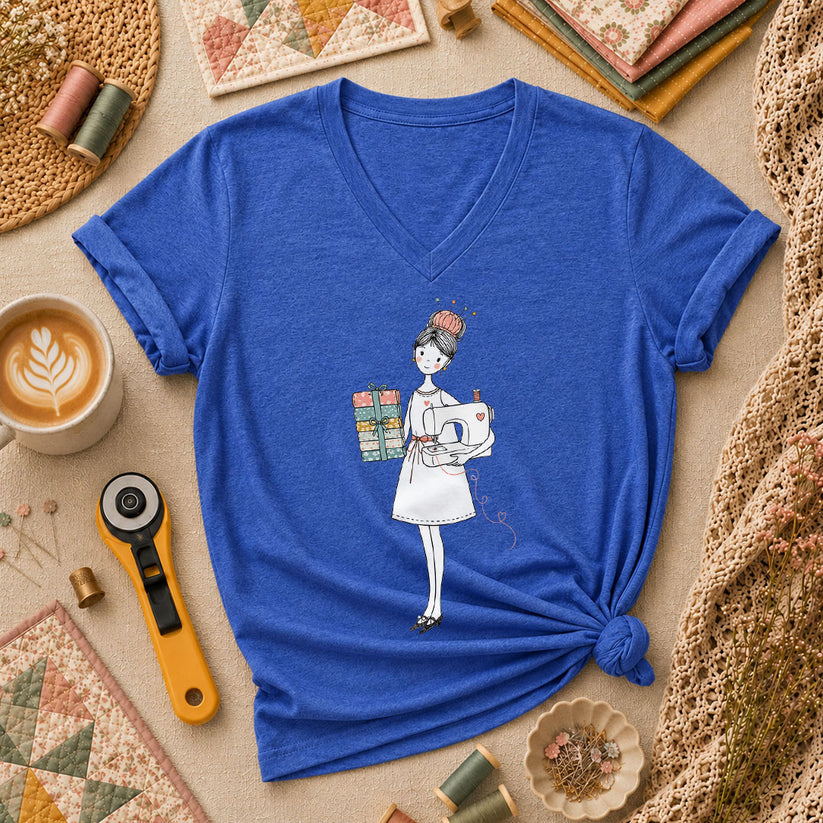 Sewing Girl With Fabric Stack Illustration Women's V-Neck - Heather True Royal