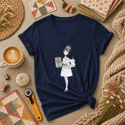 Sewing Girl With Fabric Stack Illustration Women's V-Neck - Navy