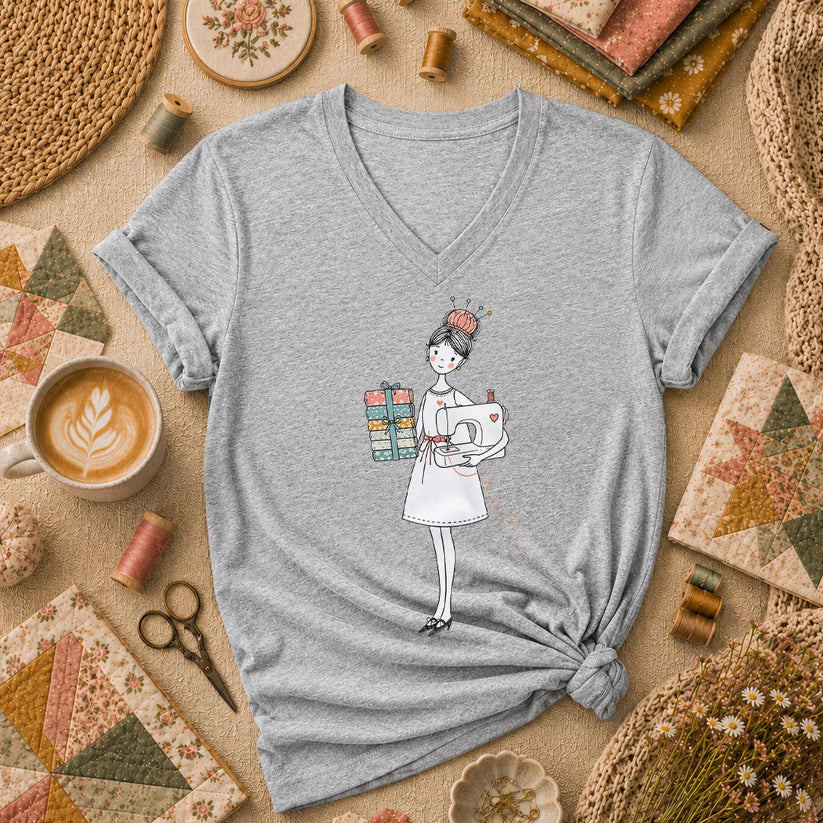 Sewing Girl With Fabric Stack Illustration Women's V-Neck - Sport Grey