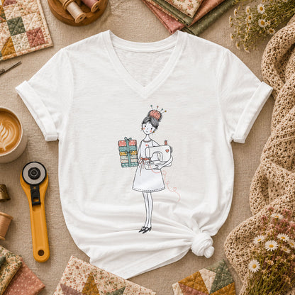 Sewing Girl With Fabric Stack Illustration Women's V-Neck - White