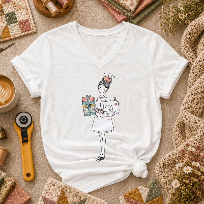 Sewing Girl With Fabric Stack Illustration Women's V-Neck - White