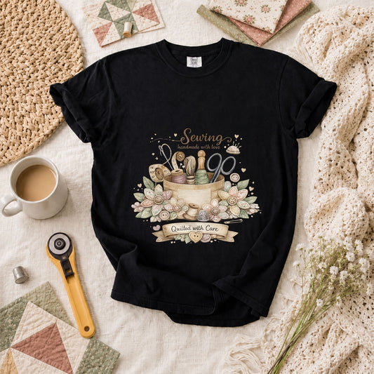 Sewing Handmade With Love Quilted With Care T-Shirt - Black