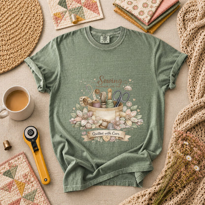 Sewing Handmade With Love Quilted With Care T-Shirt - Forest Green