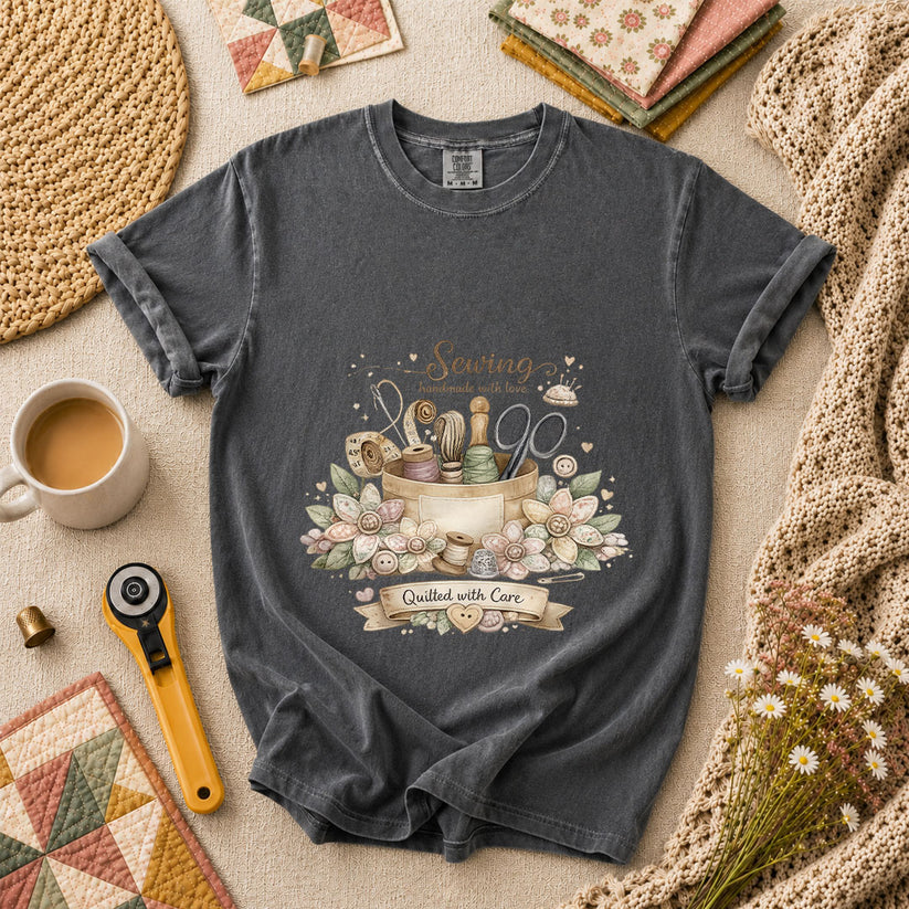 Sewing Handmade With Love Quilted With Care T-Shirt - Grey