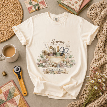 Sewing Handmade With Love Quilted With Care T-Shirt - Ivory