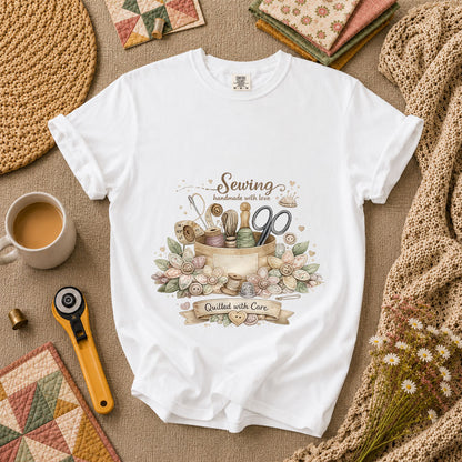 Sewing Handmade With Love Quilted With Care T-Shirt - White
