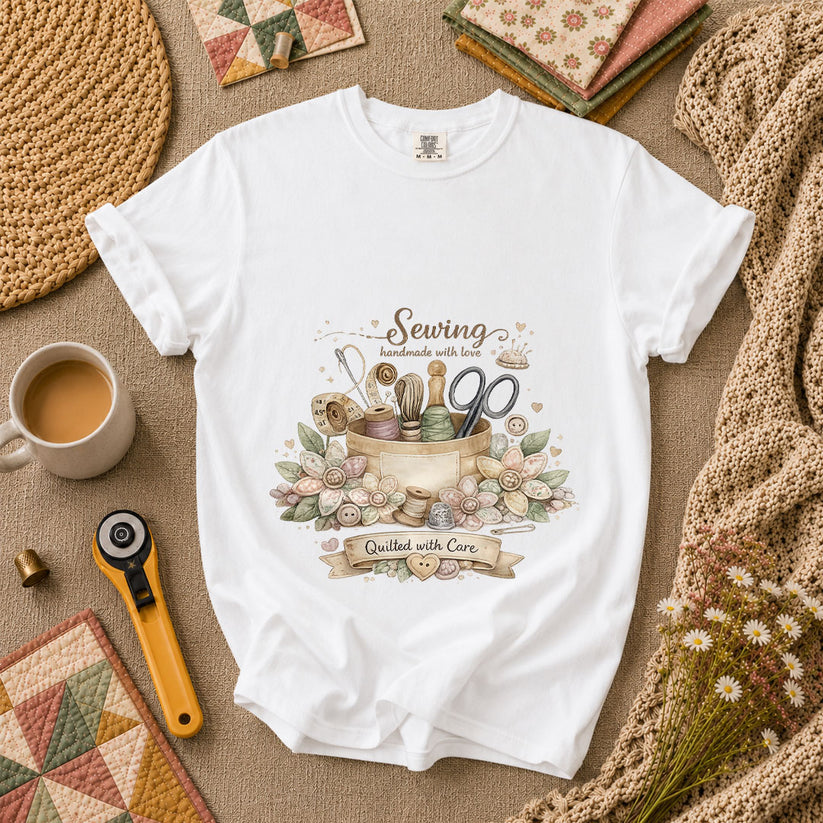 Sewing Handmade With Love Quilted With Care T-Shirt - White
