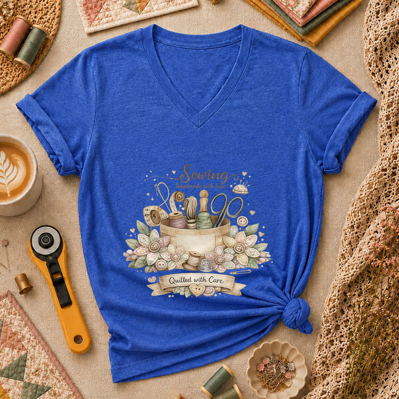 Sewing Handmade With Love Quilted With Care Women's V-Neck - Heather True Royal