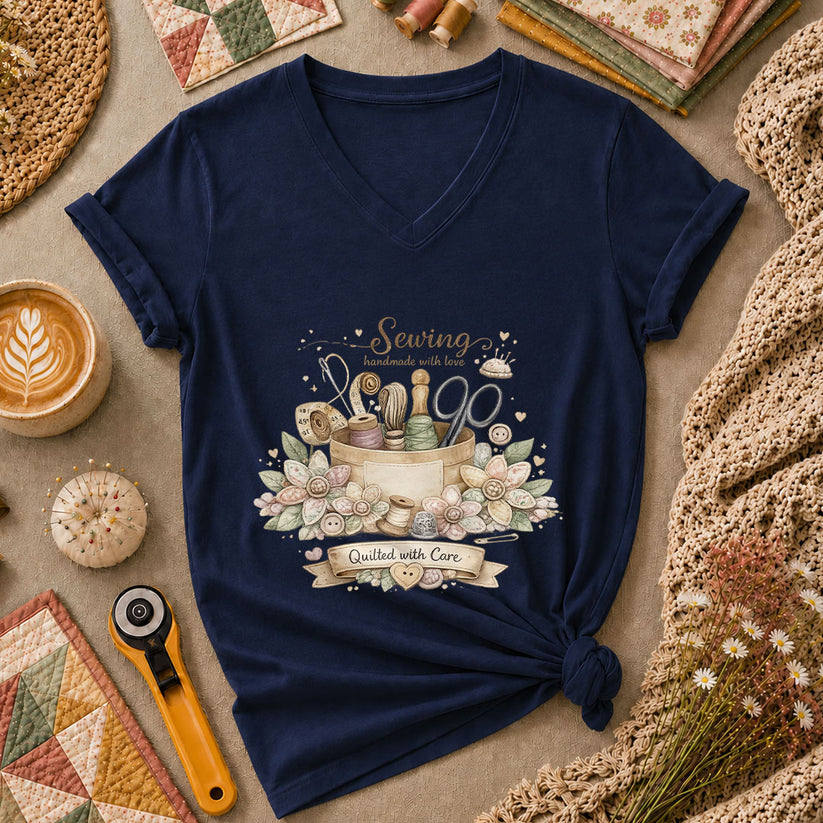 Sewing Handmade With Love Quilted With Care Women's V-Neck - Navy