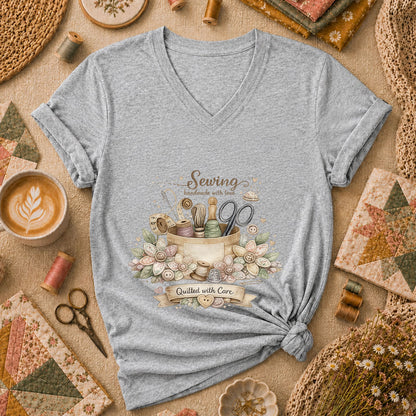 Sewing Handmade With Love Quilted With Care Women's V-Neck - Sport Grey