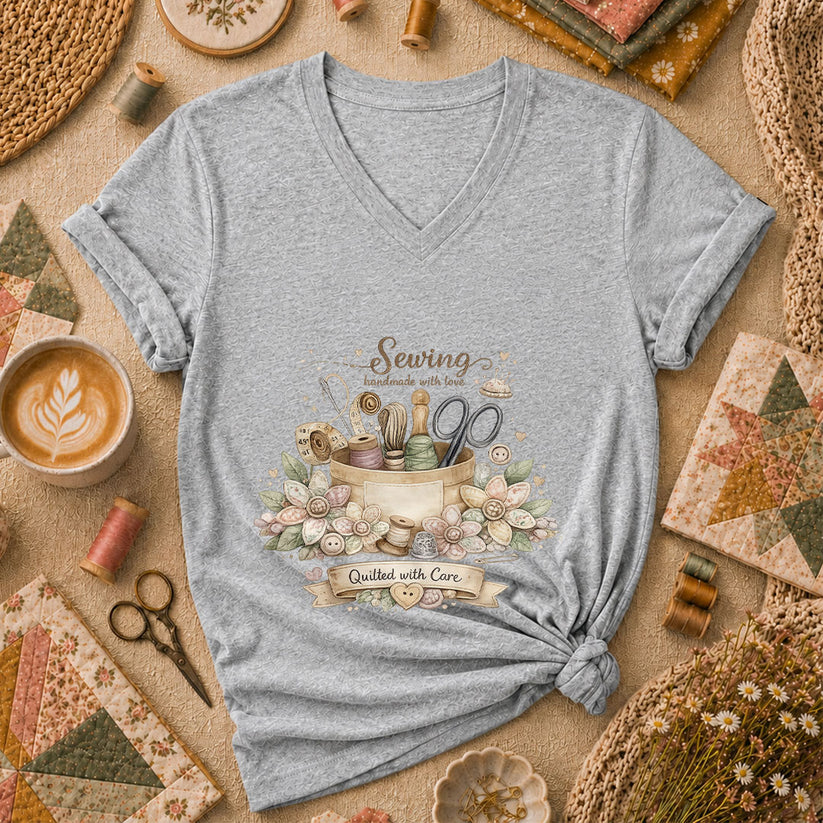 Sewing Handmade With Love Quilted With Care Women's V-Neck - Sport Grey