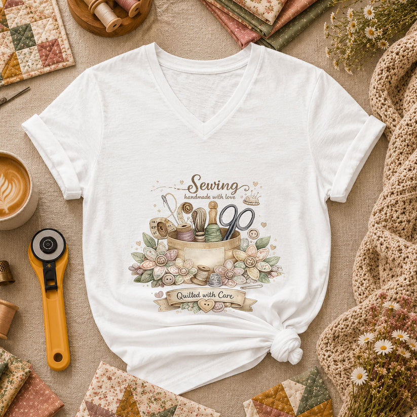Sewing Handmade With Love Quilted With Care Women's V-Neck - White