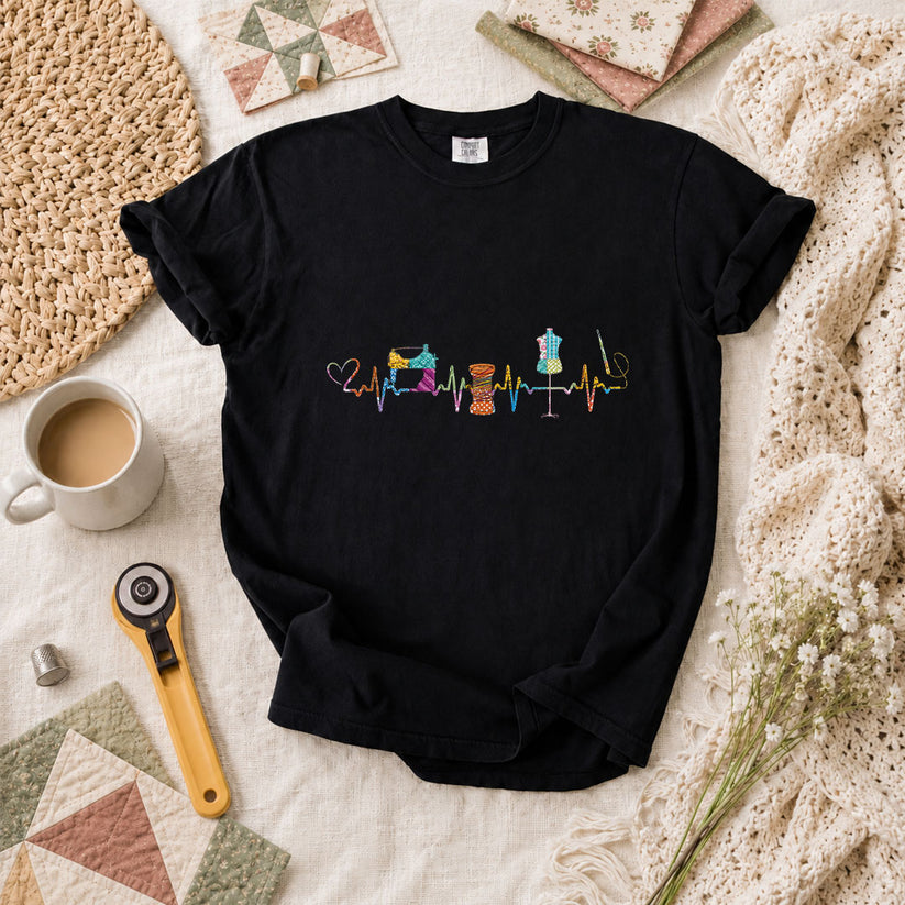 Sewing Heartbeat Sewing Machine T-Shirt - Black