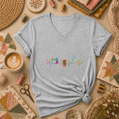 Sewing Heartbeat Sewing Machine Women's V-Neck - Athletic Heather