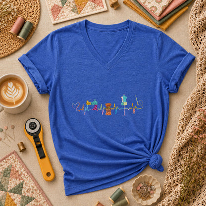 Sewing Heartbeat Sewing Machine Women's V-Neck - Heather True Royal
