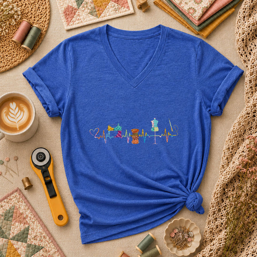 Sewing Heartbeat Sewing Machine Women's V-Neck - Heather True Royal