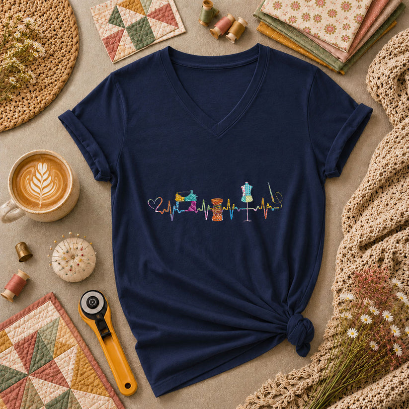 Sewing Heartbeat Sewing Machine Women's V-Neck - Navy