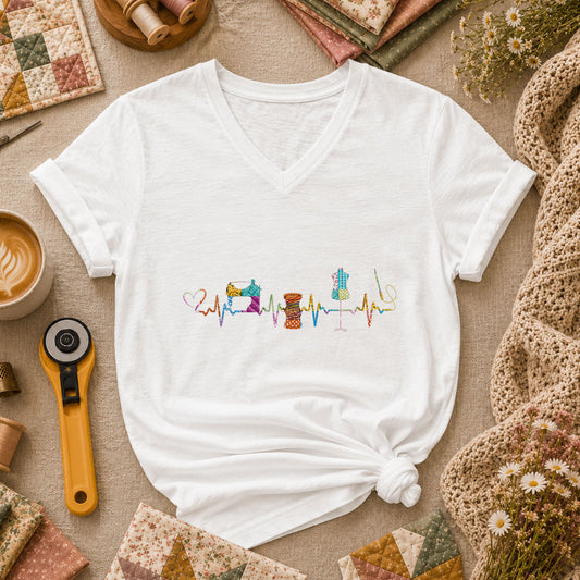 Sewing Heartbeat Sewing Machine Women's V-Neck - White