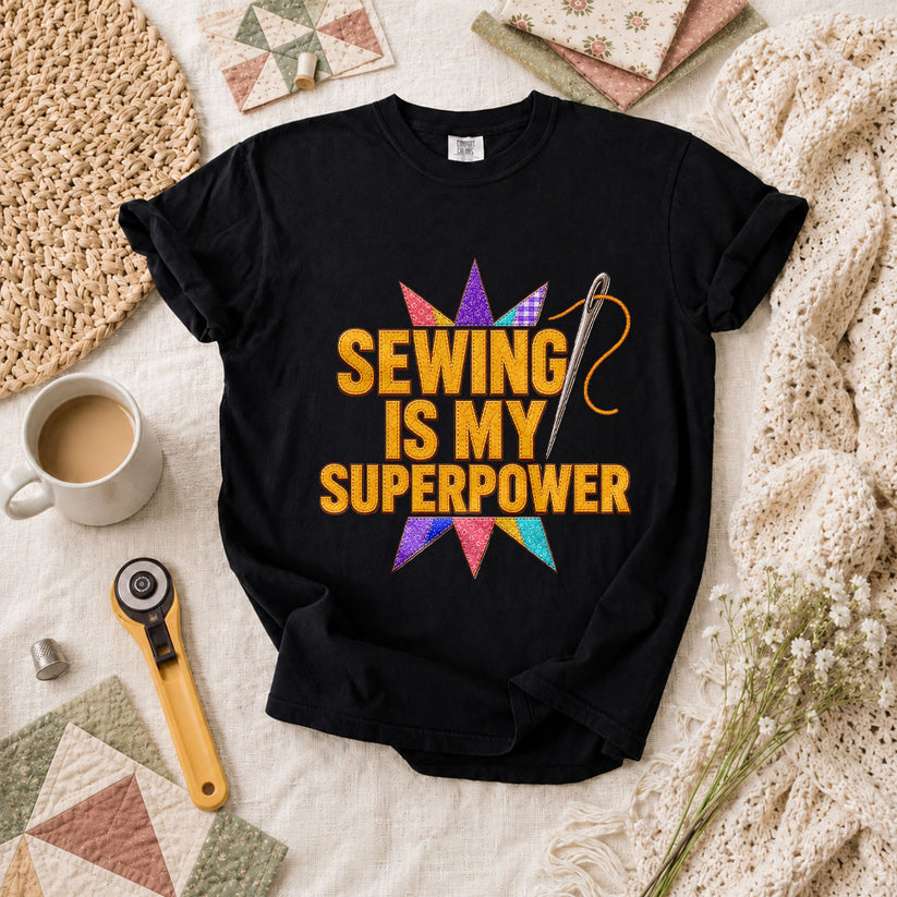 Sewing Is My Superpower Patchwork Star T-Shirt - Black