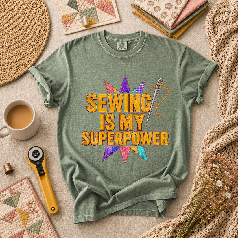 Sewing Is My Superpower Patchwork Star T-Shirt - Forest Green
