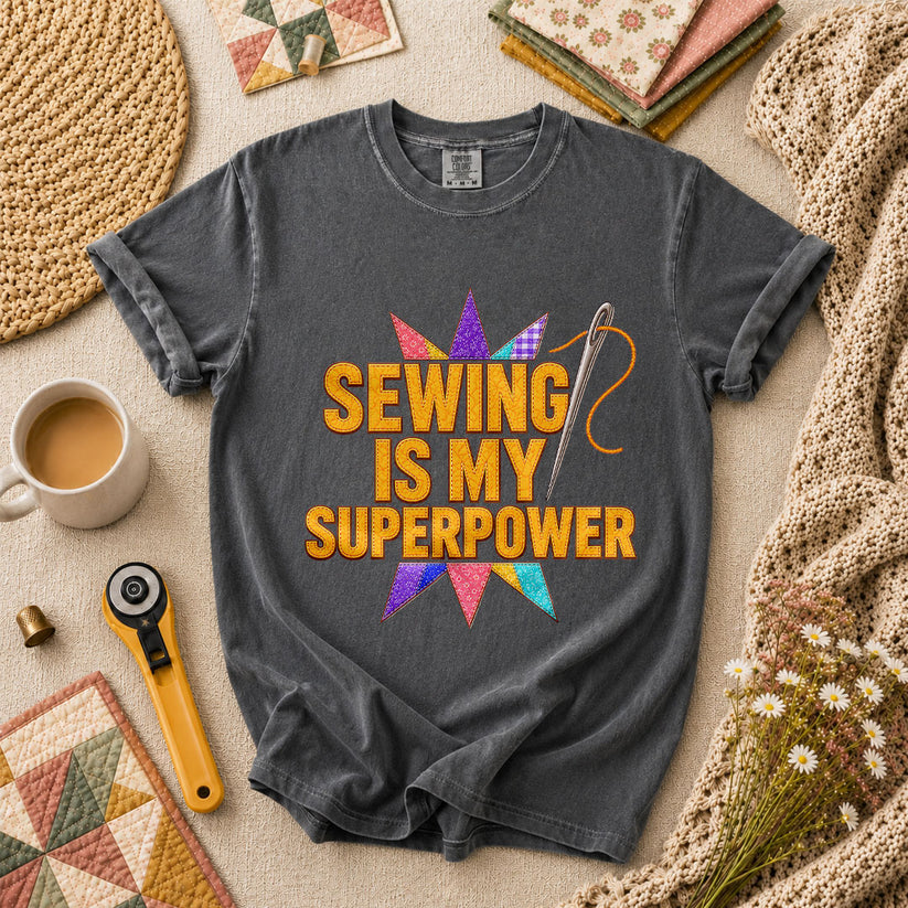Sewing Is My Superpower Patchwork Star T-Shirt - Grey