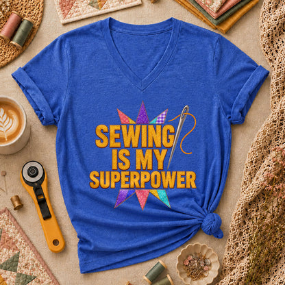 Sewing Is My Superpower Patchwork Star Women's V-Neck - Heather True Royal