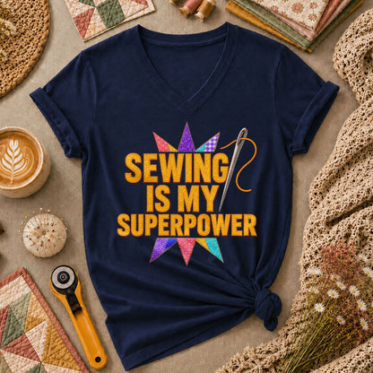 Sewing Is My Superpower Patchwork Star Women's V-Neck - Navy