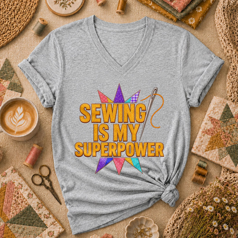 Sewing Is My Superpower Patchwork Star Women's V-Neck - Sport Grey