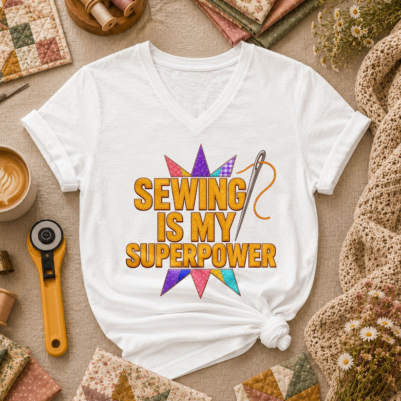Sewing Is My Superpower Patchwork Star Women's V-Neck - White