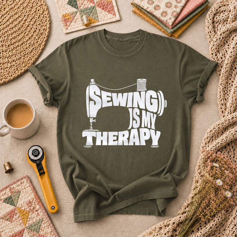 Sewing Is My Therapy Vintage Machine T-Shirt - Military Green