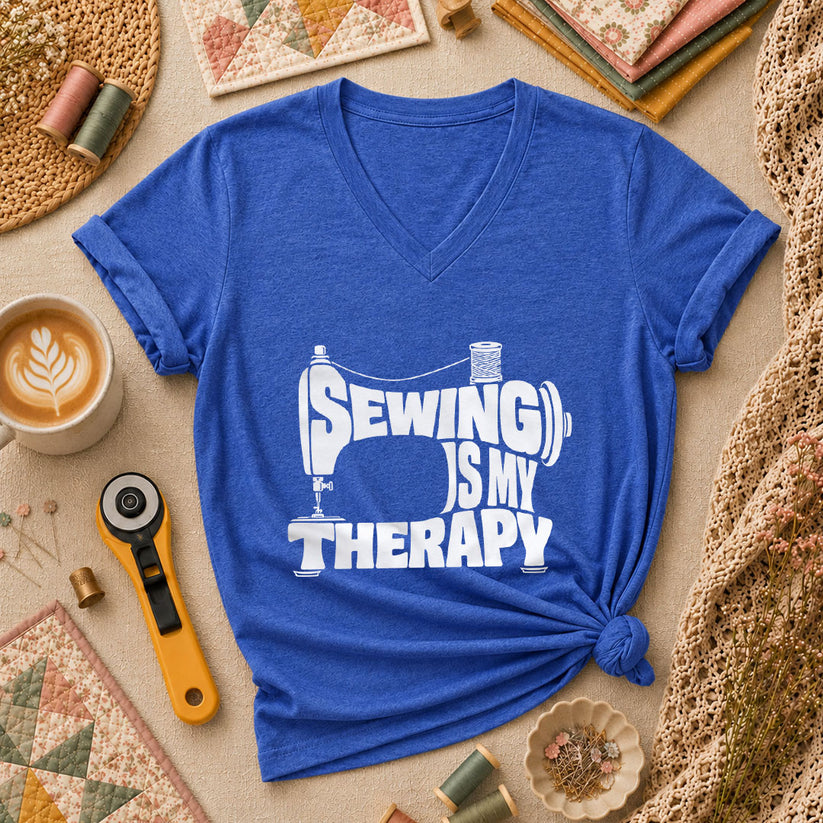 Sewing Is My Therapy Vintage Machine Women's V-Neck - Heather True Royal