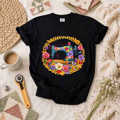 Sewing Machine Floral Wreath Butterfly T-Shirt - Black