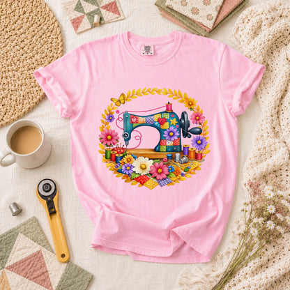 Sewing Machine Floral Wreath Butterfly T-Shirt - Blossom