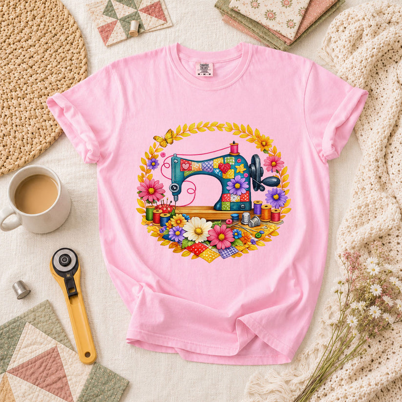 Sewing Machine Floral Wreath Butterfly T-Shirt - Blossom